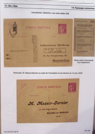 Gros classeur blanc de bureau contenant une collection spécialisée d'entiers postaux au type Paix 40c violet, 50c rouge, 55c violet, 65c Outremer, 90c