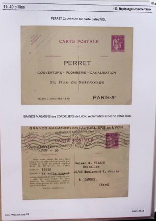 Gros classeur blanc de bureau contenant une collection spécialisée d'entiers postaux au type Paix 40c violet, 50c rouge, 55c violet, 65c Outremer, 90c