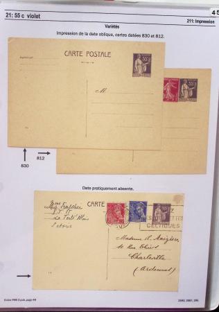 Gros classeur blanc de bureau contenant une collection spécialisée d'entiers postaux au type Paix 40c violet, 50c rouge, 55c violet, 65c Outremer, 90c