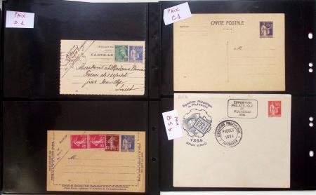 Gros classeur blanc de bureau contenant une collection spécialisée d'entiers postaux au type Paix 40c violet, 50c rouge, 55c violet, 65c Outremer, 90c