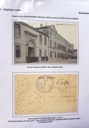 Classeur rouge de bureau contenant une collection de 108 cartes postales avec cachets d'hôpitaux (dont des bénévoles) du Tarn et Garonne