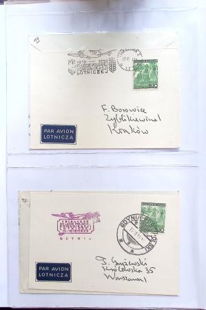 Album bistre d'aérophilatélie : 62 plis d'Europe dont France et Suisse, postale de nuit, à noter une carte souple avion et ballon Belgica Paris-Varsovie