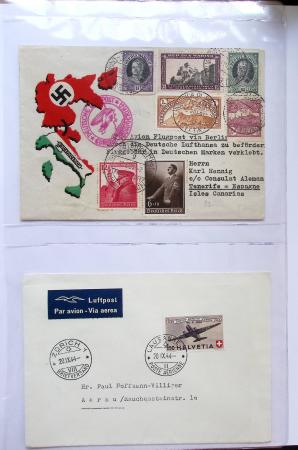 Album bistre d'aérophilatélie : 62 plis d'Europe dont France et Suisse, postale de nuit, à noter une carte souple avion et ballon Belgica Paris-Varsovie