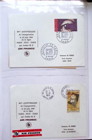 Album bistre d'aérophilatélie : 62 plis d'Europe dont France et Suisse, postale de nuit, à noter une carte souple avion et ballon Belgica Paris-Varsovie