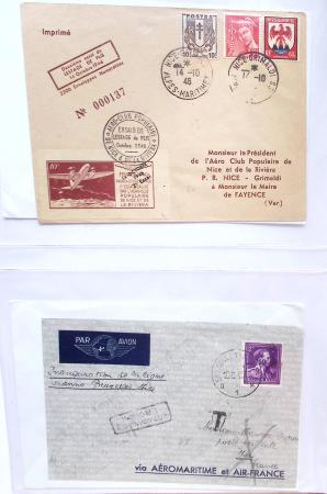 Album bistre d'aérophilatélie : 62 plis d'Europe dont France et Suisse, postale de nuit, à noter une carte souple avion et ballon Belgica Paris-Varsovie