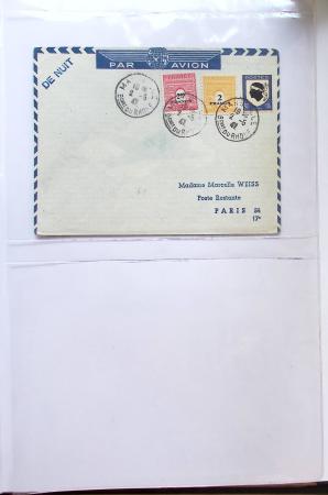 Album bistre d'aérophilatélie : 62 plis d'Europe dont France et Suisse, postale de nuit, à noter une carte souple avion et ballon Belgica Paris-Varsovie