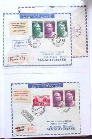 Album bistre d'aérophilatélie : 62 plis d'Europe dont France et Suisse, postale de nuit, à noter une carte souple avion et ballon Belgica Paris-Varsovie