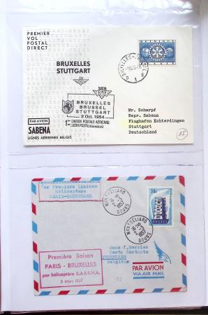 Album bistre d'aérophilatélie : 62 plis d'Europe dont France et Suisse, postale de nuit, à noter une carte souple avion et ballon Belgica Paris-Varsovie