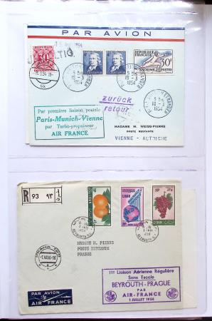 Album bistre d'aérophilatélie : 62 plis d'Europe dont France et Suisse, postale de nuit, à noter une carte souple avion et ballon Belgica Paris-Varsovie
