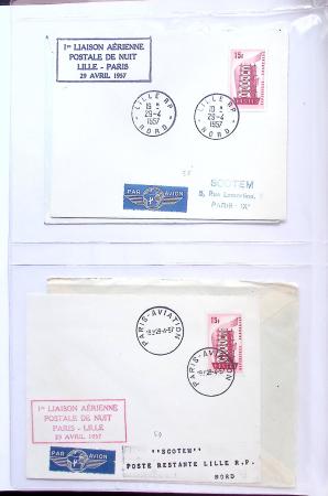Album bistre d'aérophilatélie : 62 plis d'Europe dont France et Suisse, postale de nuit, à noter une carte souple avion et ballon Belgica Paris-Varsovie