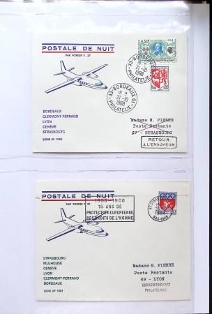 Album bistre d'aérophilatélie : 62 plis d'Europe dont France et Suisse, postale de nuit, à noter une carte souple avion et ballon Belgica Paris-Varsovie
