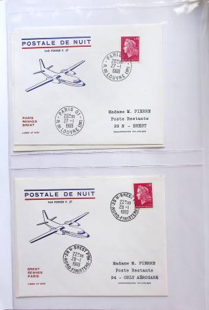 Album bistre d'aérophilatélie : 62 plis d'Europe dont France et Suisse, postale de nuit, à noter une carte souple avion et ballon Belgica Paris-Varsovie
