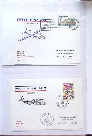 Album bistre d'aérophilatélie : 62 plis d'Europe dont France et Suisse, postale de nuit, à noter une carte souple avion et ballon Belgica Paris-Varsovie