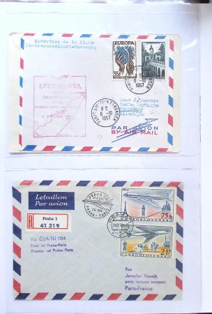 Album bistre d'aérophilatélie : 62 plis d'Europe dont France et Suisse, postale de nuit, à noter une carte souple avion et ballon Belgica Paris-Varsovie