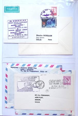 Album bistre d'aérophilatélie : 62 plis d'Europe dont France et Suisse, postale de nuit, à noter une carte souple avion et ballon Belgica Paris-Varsovie