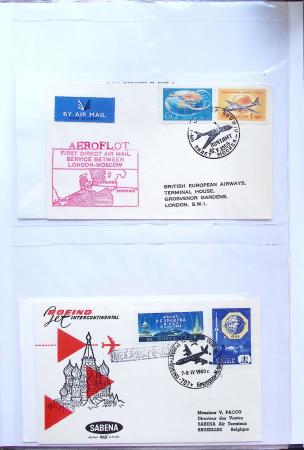 Album bistre d'aérophilatélie : 62 plis d'Europe dont France et Suisse, postale de nuit, à noter une carte souple avion et ballon Belgica Paris-Varsovie