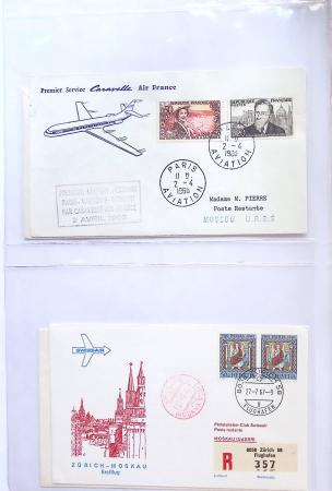 Album bistre d'aérophilatélie : 62 plis d'Europe dont France et Suisse, postale de nuit, à noter une carte souple avion et ballon Belgica Paris-Varsovie
