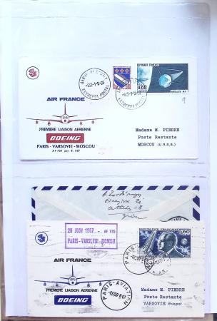 Album bistre d'aérophilatélie : 62 plis d'Europe dont France et Suisse, postale de nuit, à noter une carte souple avion et ballon Belgica Paris-Varsovie