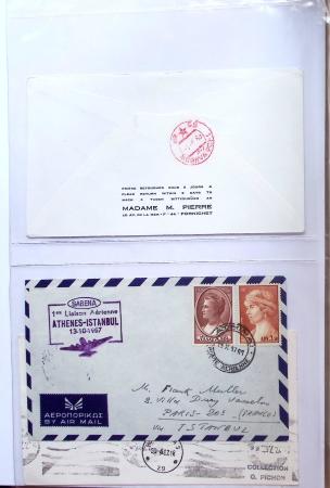Album bistre d'aérophilatélie : 62 plis d'Europe dont France et Suisse, postale de nuit, à noter une carte souple avion et ballon Belgica Paris-Varsovie