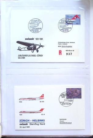 Album bistre d'aérophilatélie : 62 plis d'Europe dont France et Suisse, postale de nuit, à noter une carte souple avion et ballon Belgica Paris-Varsovie