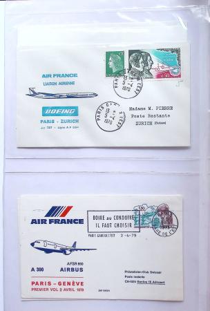 Album bistre d'aérophilatélie : 62 plis d'Europe dont France et Suisse, postale de nuit, à noter une carte souple avion et ballon Belgica Paris-Varsovie