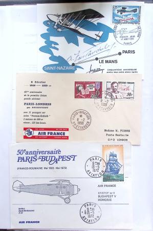 Album bistre d'aérophilatélie : 62 plis d'Europe dont France et Suisse, postale de nuit, à noter une carte souple avion et ballon Belgica Paris-Varsovie