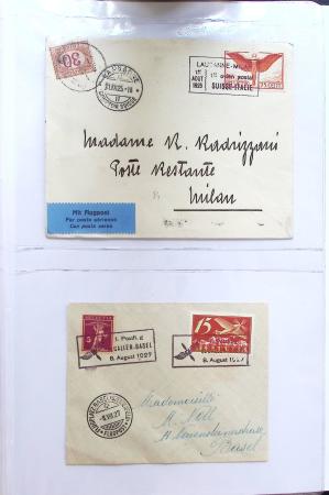 Album bistre d'aérophilatélie : 62 plis d'Europe dont France et Suisse, postale de nuit, à noter une carte souple avion et ballon Belgica Paris-Varsovie