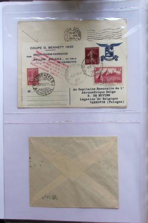 Album bistre d'aérophilatélie : 62 plis d'Europe dont France et Suisse, postale de nuit, à noter une carte souple avion et ballon Belgica Paris-Varsovie