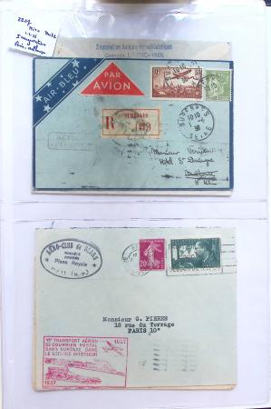 Album bistre d'aérophilatélie : 62 plis d'Europe dont France et Suisse, postale de nuit, à noter une carte souple avion et ballon Belgica Paris-Varsovie