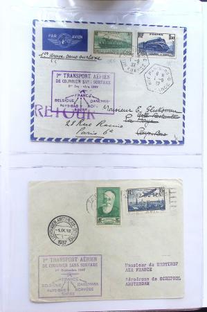 Album bistre d'aérophilatélie : 62 plis d'Europe dont France et Suisse, postale de nuit, à noter une carte souple avion et ballon Belgica Paris-Varsovie