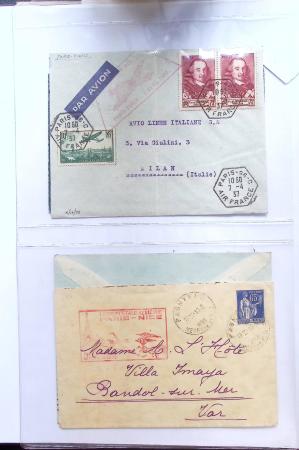 Album bistre d'aérophilatélie : 62 plis d'Europe dont France et Suisse, postale de nuit, à noter une carte souple avion et ballon Belgica Paris-Varsovie