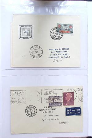 Album bistre d'aérophilatélie : 62 plis d'Europe dont France et Suisse, postale de nuit, à noter une carte souple avion et ballon Belgica Paris-Varsovie
