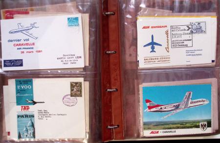 Album brun de 141 plis : premiers vols Caravelle (1957 - 1969) et Concorde (Français et Anglais) + divers dont quelques Airbus