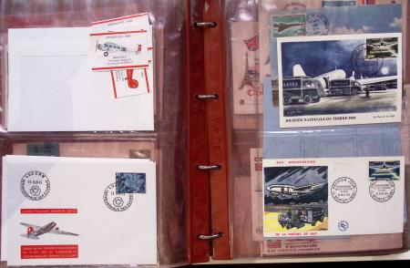 Album brun de 141 plis : premiers vols Caravelle (1957 - 1969) et Concorde (Français et Anglais) + divers dont quelques Airbus