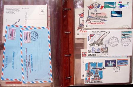 Album brun de 141 plis : premiers vols Caravelle (1957 - 1969) et Concorde (Français et Anglais) + divers dont quelques Airbus