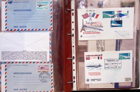 Album brun de 141 plis : premiers vols Caravelle (1957 - 1969) et Concorde (Français et Anglais) + divers dont quelques Airbus