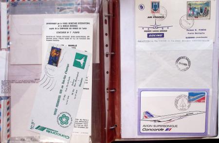 Album brun de 141 plis : premiers vols Caravelle (1957 - 1969) et Concorde (Français et Anglais) + divers dont quelques Airbus