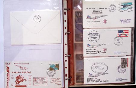 Album brun de 141 plis : premiers vols Caravelle (1957 - 1969) et Concorde (Français et Anglais) + divers dont quelques Airbus