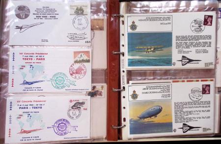 Album brun de 141 plis : premiers vols Caravelle (1957 - 1969) et Concorde (Français et Anglais) + divers dont quelques Airbus