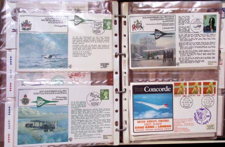 Album brun de 141 plis : premiers vols Caravelle (1957 - 1969) et Concorde (Français et Anglais) + divers dont quelques Airbus