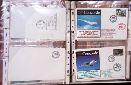 Album brun de 141 plis : premiers vols Caravelle (1957 - 1969) et Concorde (Français et Anglais) + divers dont quelques Airbus