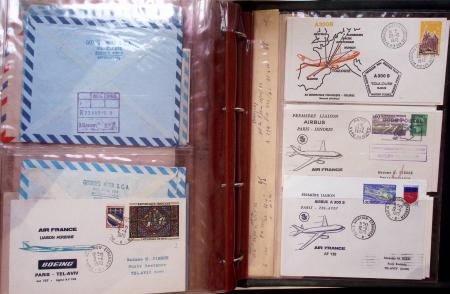 Album brun de 141 plis : premiers vols Caravelle (1957 - 1969) et Concorde (Français et Anglais) + divers dont quelques Airbus