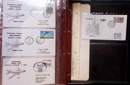 Album brun de 141 plis : premiers vols Caravelle (1957 - 1969) et Concorde (Français et Anglais) + divers dont quelques Airbus