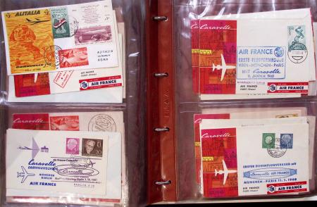 Album brun de 141 plis : premiers vols Caravelle (1957 - 1969) et Concorde (Français et Anglais) + divers dont quelques Airbus