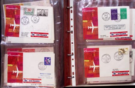 Album brun de 141 plis : premiers vols Caravelle (1957 - 1969) et Concorde (Français et Anglais) + divers dont quelques Airbus
