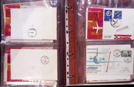 Album brun de 141 plis : premiers vols Caravelle (1957 - 1969) et Concorde (Français et Anglais) + divers dont quelques Airbus