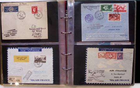 Album brun-rouge de 107 premiers vols vers l'Asie (1929 - 1973 dont 5.1.1934 courrier rapide de l'Emeraude 5.1.1934) dont nombreux Air France