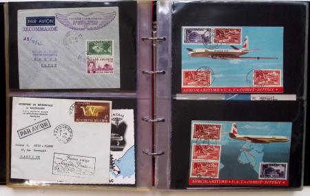 Album brun-rouge de 107 premiers vols vers l'Asie (1929 - 1973 dont 5.1.1934 courrier rapide de l'Emeraude 5.1.1934) dont nombreux Air France