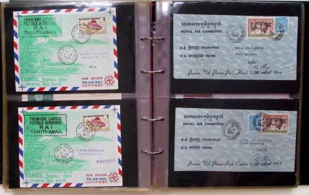 Album brun-rouge de 107 premiers vols vers l'Asie (1929 - 1973 dont 5.1.1934 courrier rapide de l'Emeraude 5.1.1934) dont nombreux Air France