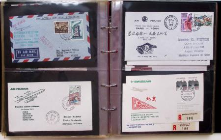 Album brun-rouge de 107 premiers vols vers l'Asie (1929 - 1973 dont 5.1.1934 courrier rapide de l'Emeraude 5.1.1934) dont nombreux Air France